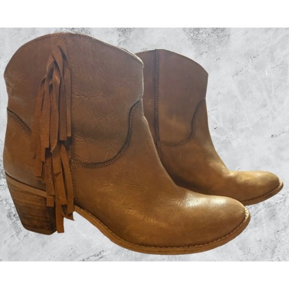 Diba Shoes - Diba Real Deal Tan Leather Fringe Western Ankle Boots Brown Size 7
